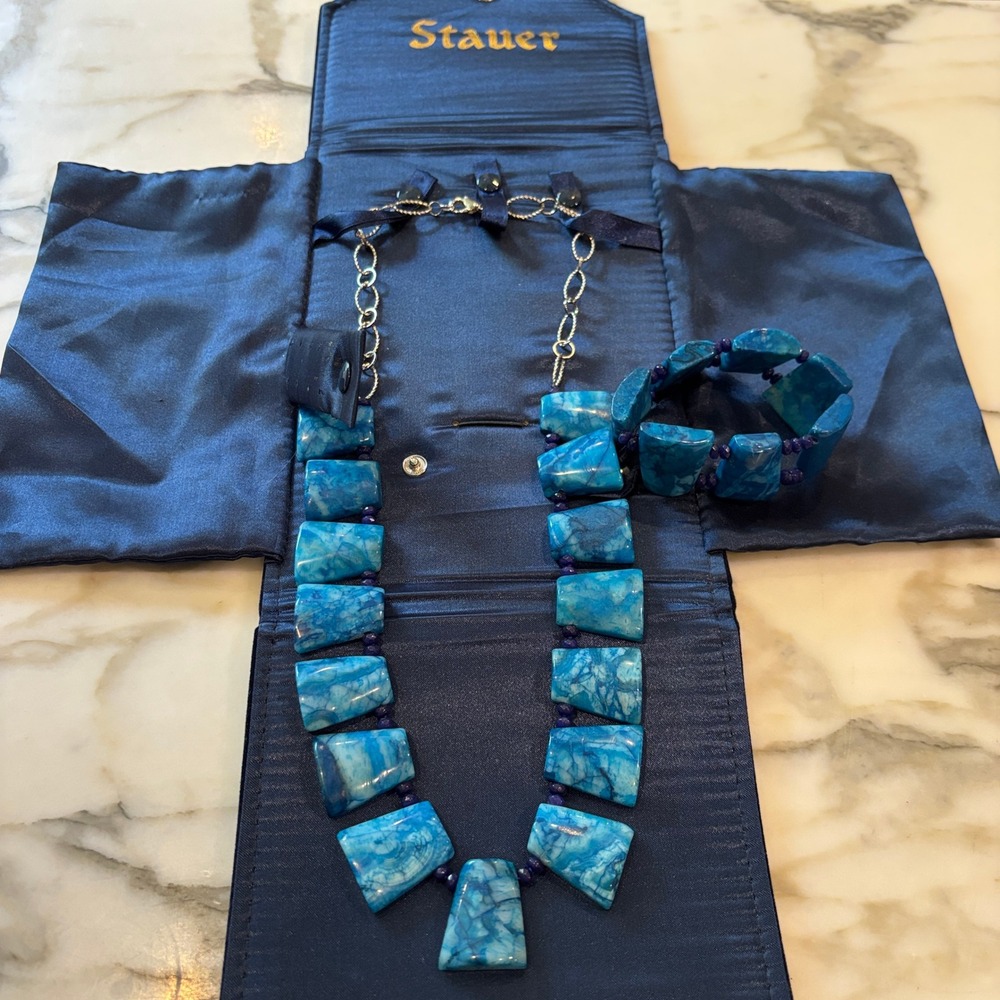 Stauer Vintage Marbled Blue Stone Slab Necklace and Matching Bracelet Set